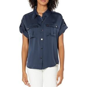 NWT Ramy Brook Slate Blue Short Sleeve Button Down Sawyer Top Womens XS